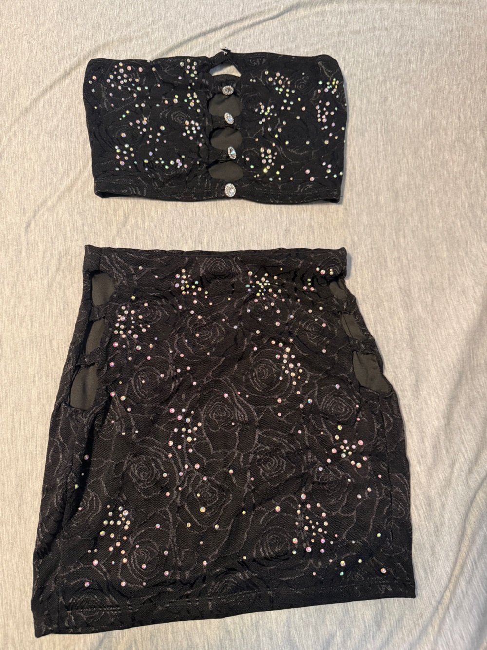 Black Beaded Lace Mini Skirt and top